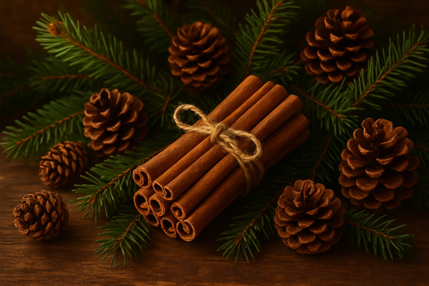 cinnamon, pine tree and pinecones